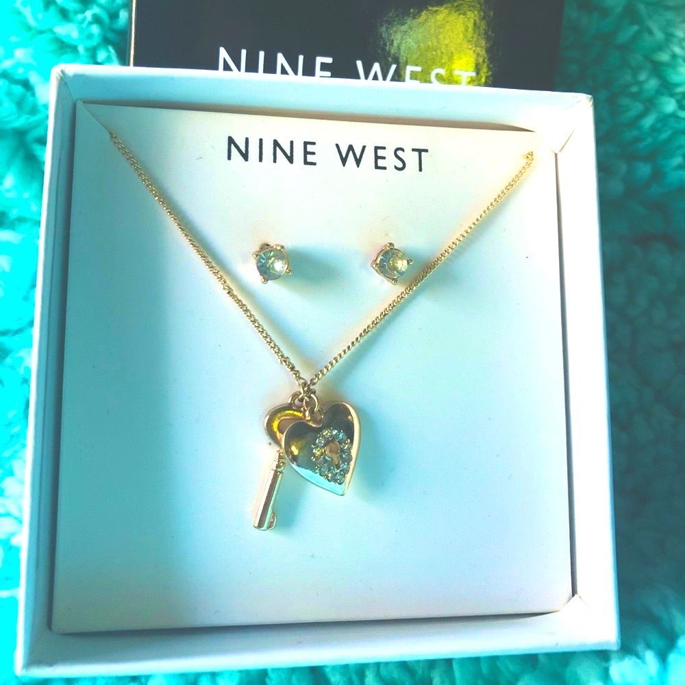 Crystal Heart & Key Necklace & Earrings by Nine West